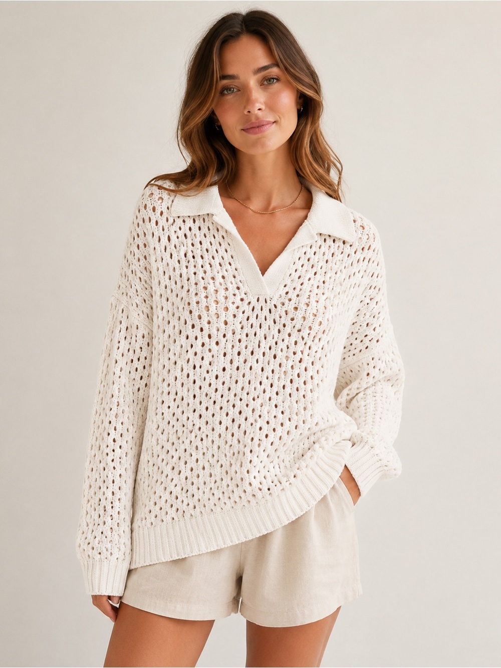 aerie Open-Weave V-Neck Sweater in Cream